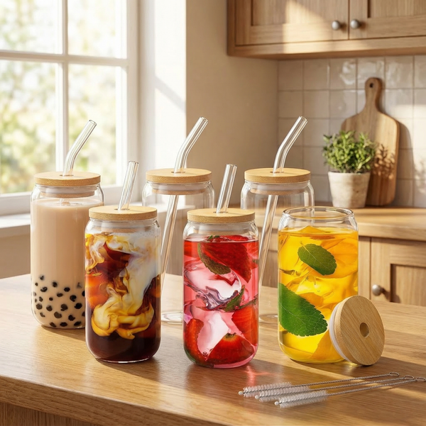 Oval Shaped Glass Cup with Bamboo Lid & Straw 16-20oz